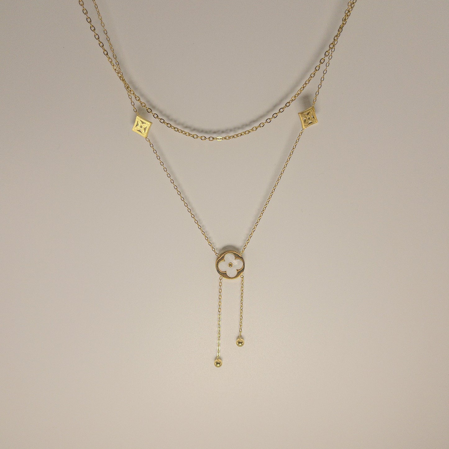 Double-Layer White Clover Lariat Necklace (Anti-Tarnish)