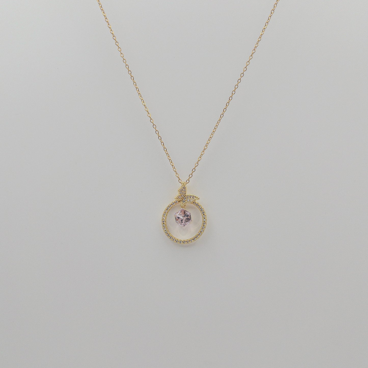 "Butterfly Dreams" Circle Pendant Necklace (Pink Crystal Drop)