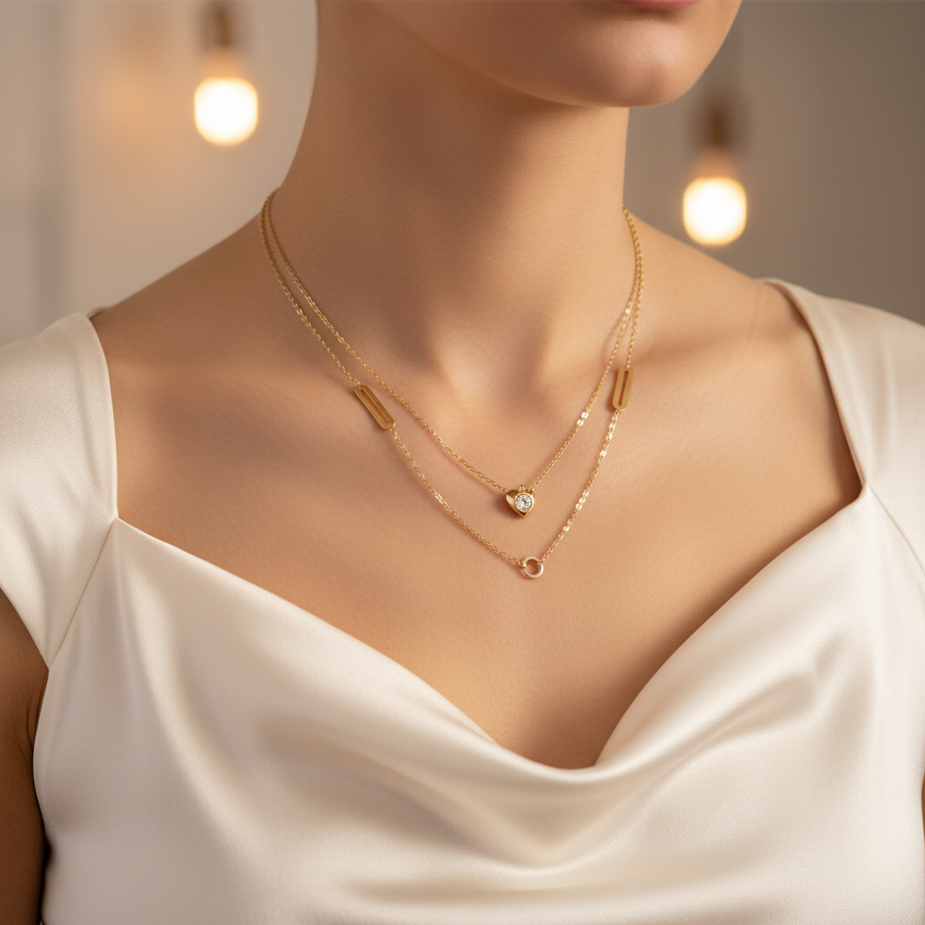 Woman wearing Forever Love Double-Layer Heart Necklace