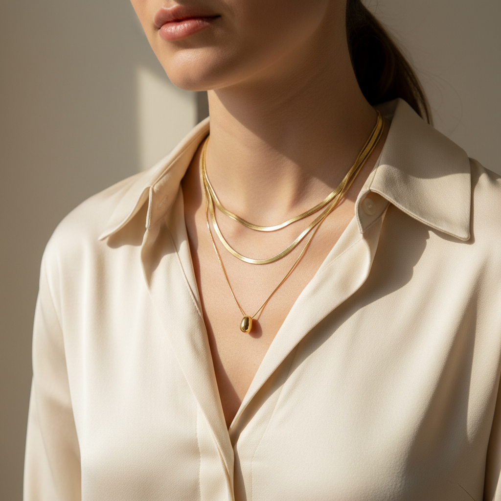 Woman wearing Golden Sphere Double-Layer Necklace with snake chain and bead pendant