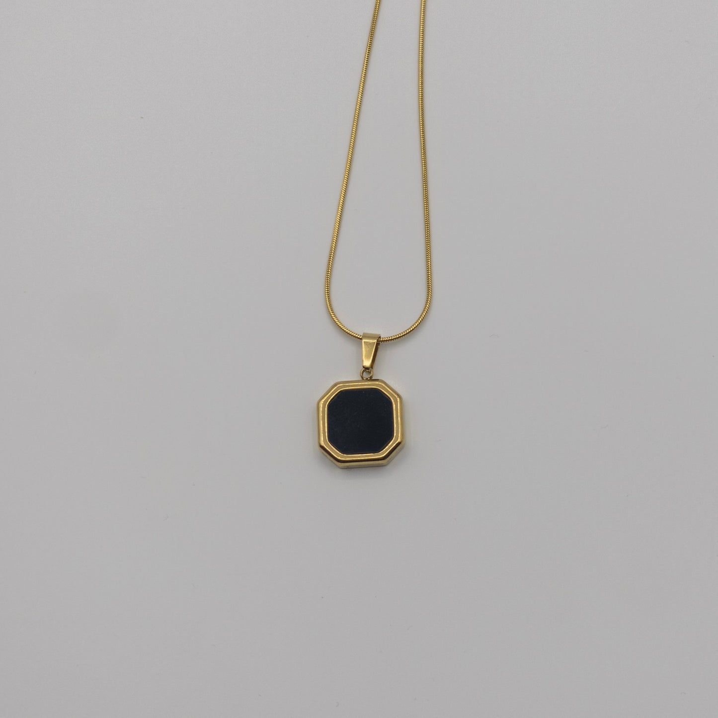 "Vintage Onyx" Black Octagon Pendant Necklace (Anti-Tarnish)