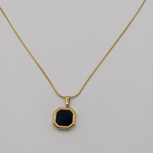 "Vintage Onyx" Black Octagon Pendant Necklace (Anti-Tarnish)