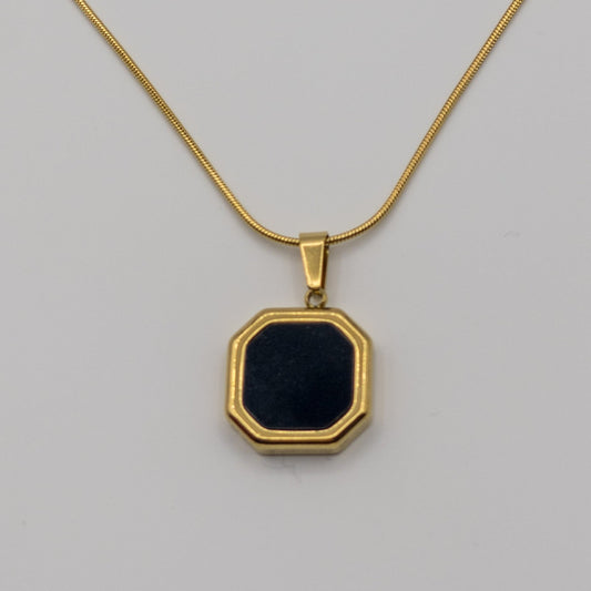 "Vintage Onyx" Black Octagon Pendant Necklace (Anti-Tarnish)