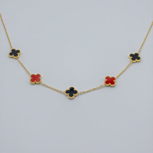 "Alba" Red & Black Clover Motif Necklace (Anti-Tarnish)