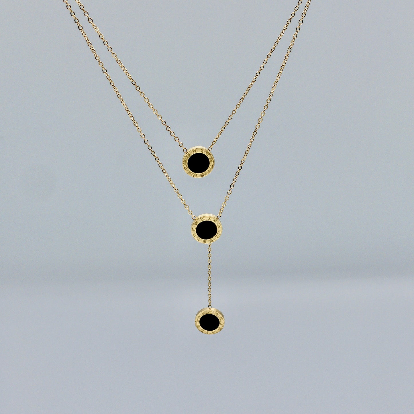 The Empress Roman Numeral Lariat Necklace (Triple Onyx Drop)