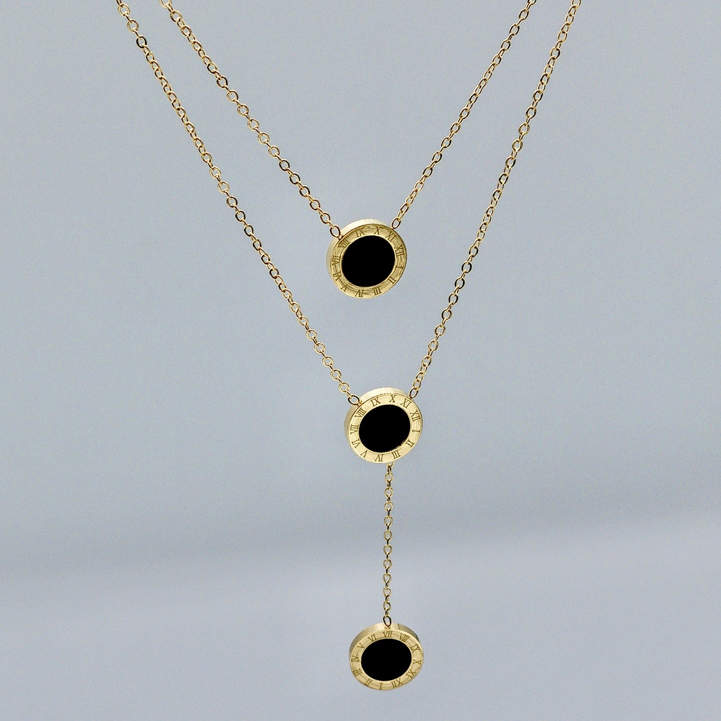 The Empress Roman Numeral Lariat Necklace (Triple Onyx Drop)