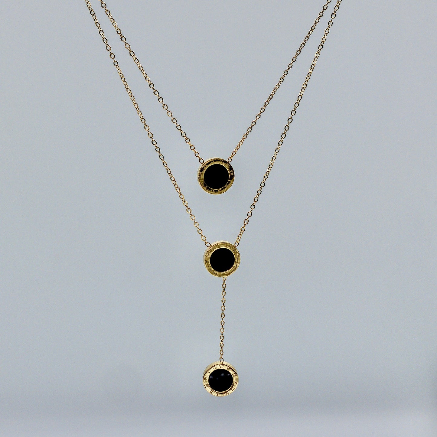 The Empress Roman Numeral Lariat Necklace (Triple Onyx Drop)