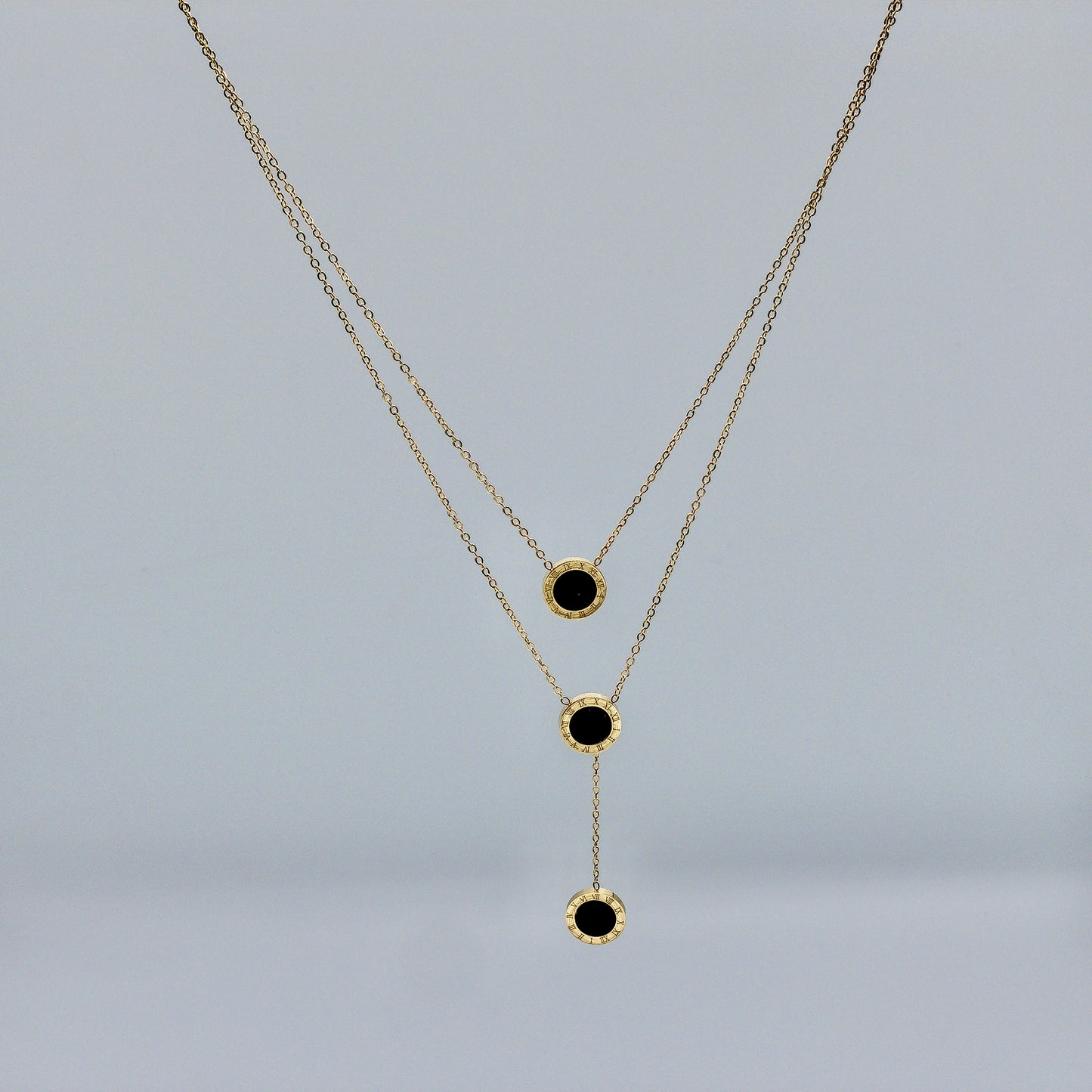 The Empress Roman Numeral Lariat Necklace (Triple Onyx Drop)