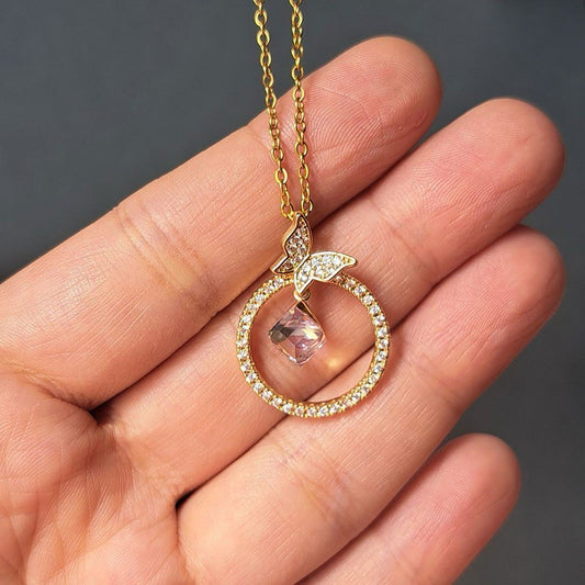 "Butterfly Dreams" Circle Pendant Necklace (Pink Crystal Drop)
