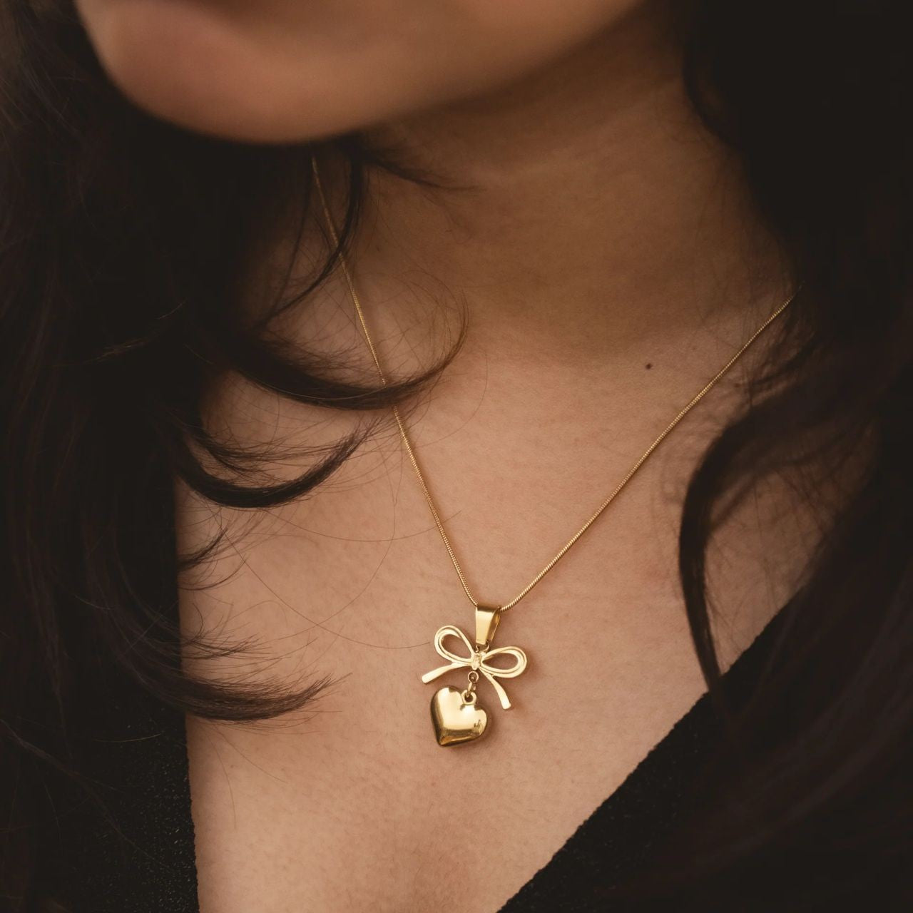 "Coquette" Golden Bow & Dangling Heart Necklace