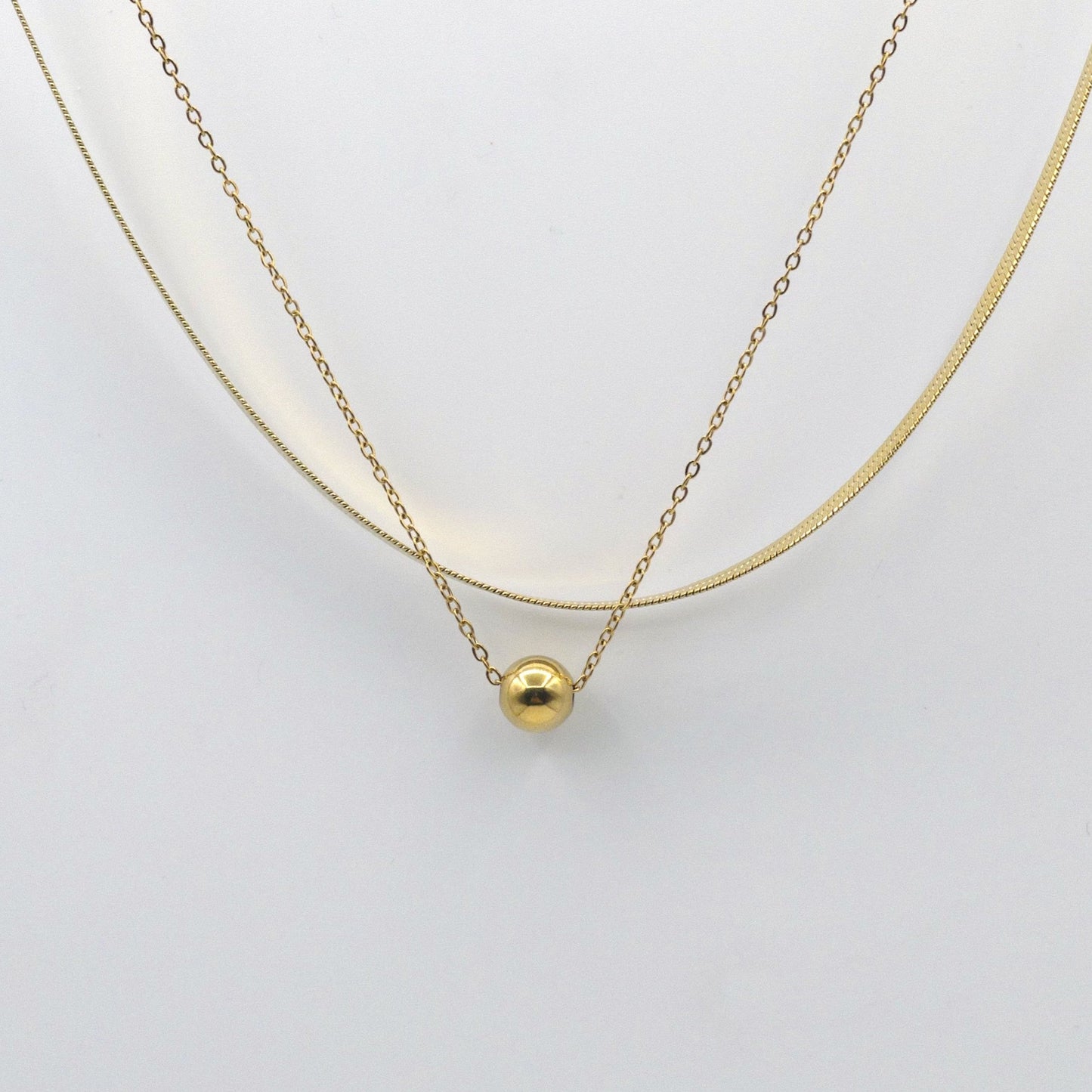 Golden Sphere Double-Layer Necklace (Snake Chain & Bead Pendant) - Anti Tarnish