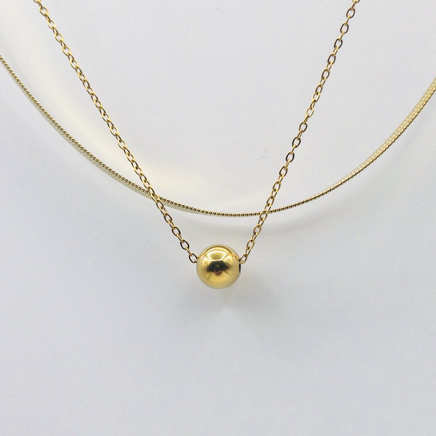 Golden Sphere Double-Layer Necklace (Snake Chain & Bead Pendant) - Anti Tarnish