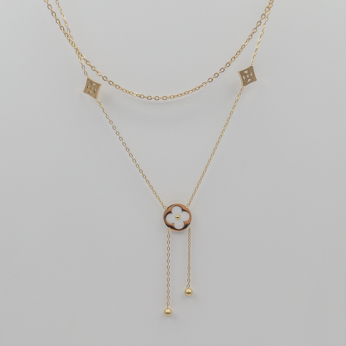 Double-Layer White Clover Lariat Necklace (Anti-Tarnish)