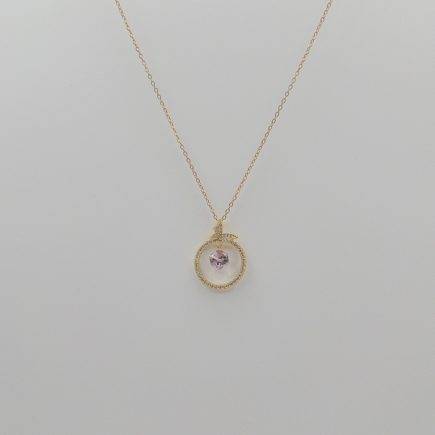 "Butterfly Dreams" Circle Pendant Necklace (Pink Crystal Drop)