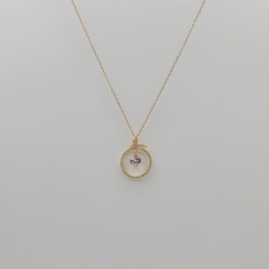 "Butterfly Dreams" Circle Pendant Necklace (Pink Crystal Drop)