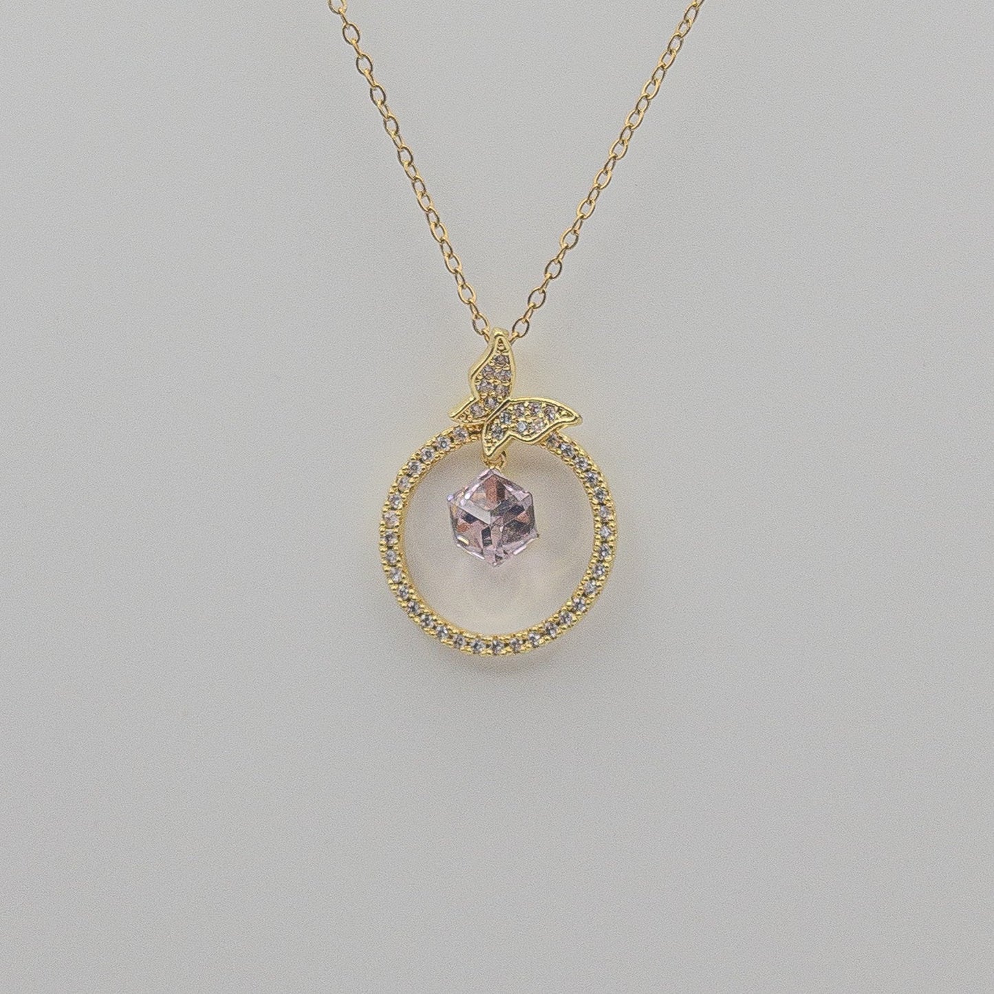 "Butterfly Dreams" Circle Pendant Necklace (Pink Crystal Drop)