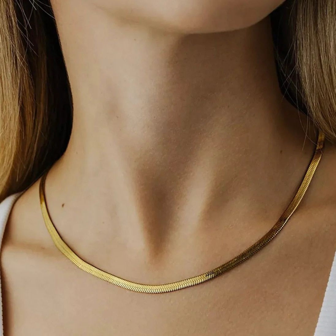 The "Liquid Gold" Flat Snake Chain Necklace (Herringbone)