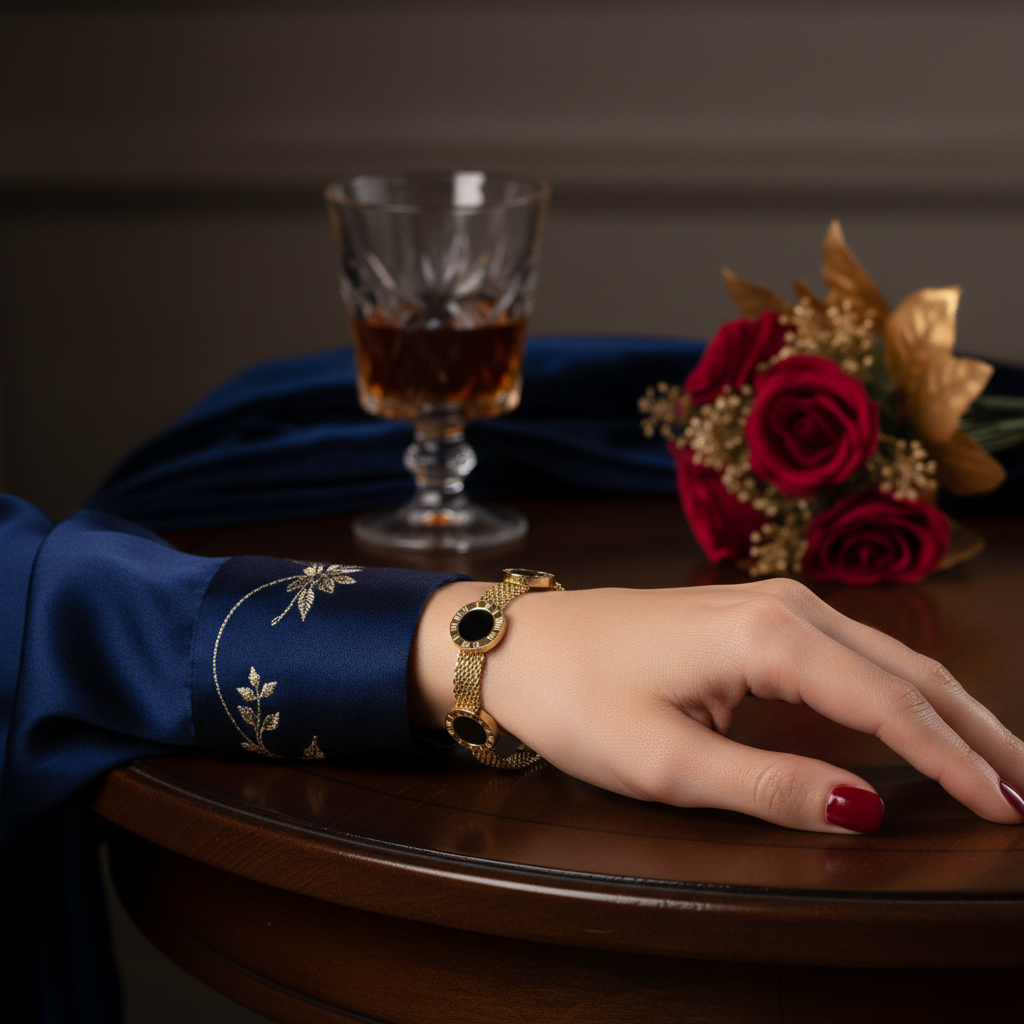 Woman wearing The Empress Roman Numeral Mesh Bracelet in black and gold